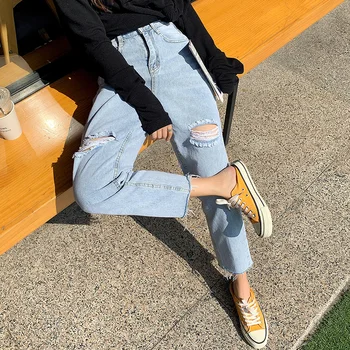 

plus size women vintage skinny ladies ripped high waisted jeans mujer 2019 spring autumn wide leg denim pants female A5740