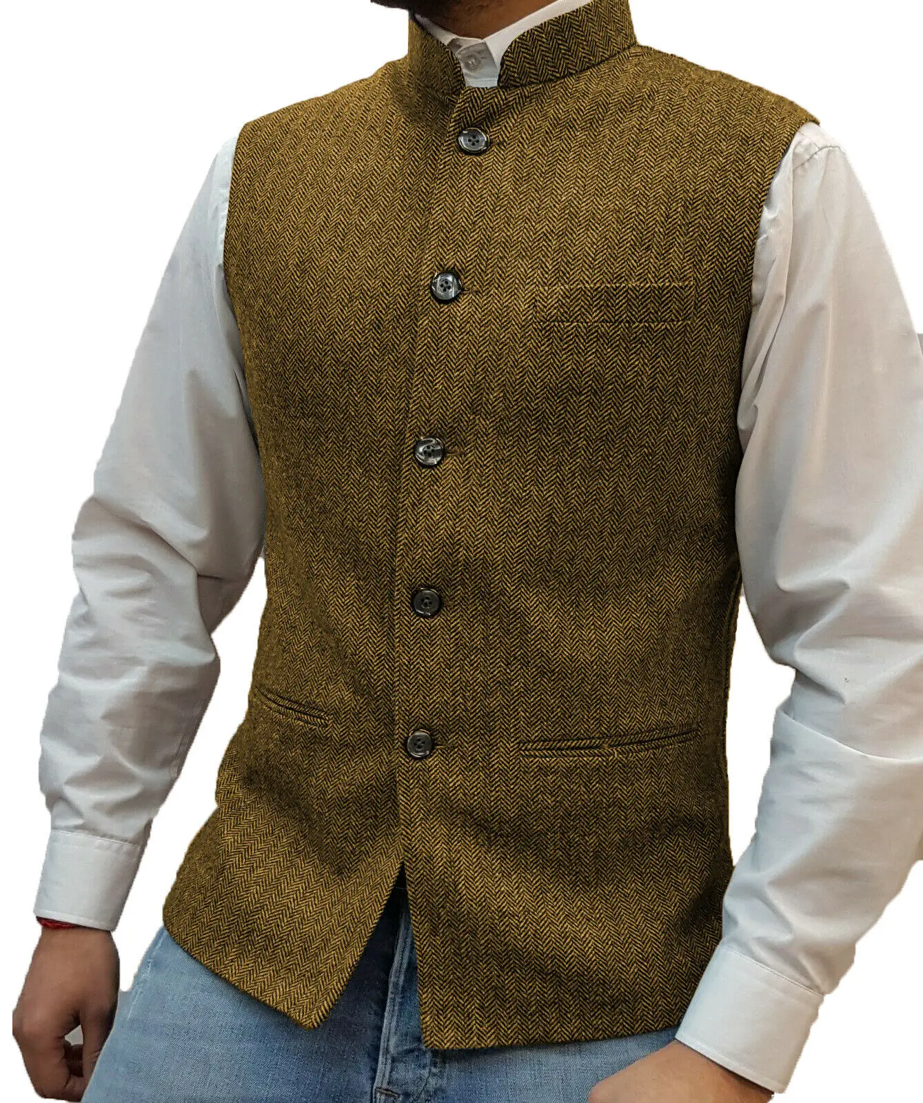 Men's Vest Stand-up Collar Herringbone Suit Vest Steampunk Style Wedding Groom Waistcoat 4