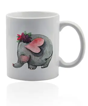 

Elephant coffee mug 11 oz. white ceramic cup. Elephant tea mug gift.