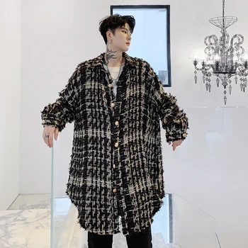 

Mens Fashion Vintage Autumn Kniting Loose Cardigan Casual Long Shirt Black Plaid Checks Men Shirts Loose Casual M098