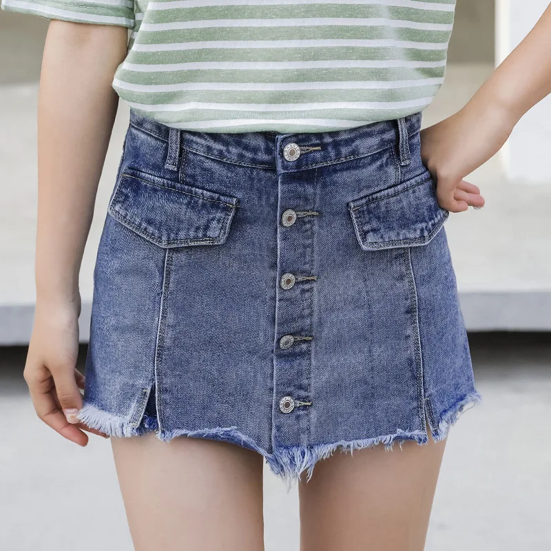 

2018 Summer Wear New Style Korean-style Slim Fit Slimming Anti-Exposure A- line Short Skirt High-waisted Buckle Fur Trim Denim S