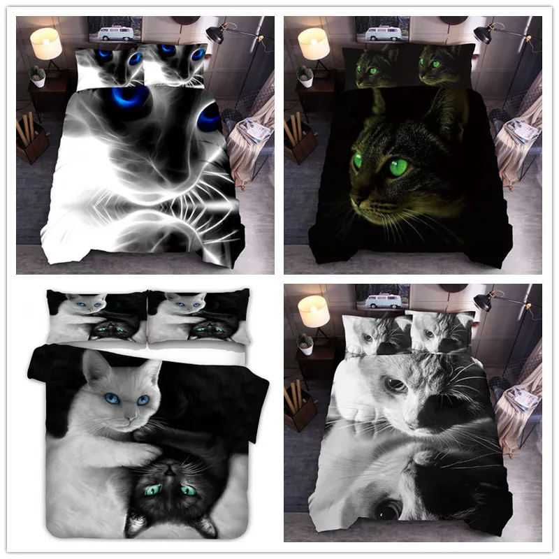 Hot 3D Black And White Cat Partner Print Three Piece Bedding Set Cut Green Eyed Quilt Cover Queen Pillow Case 3pcs | Дом и сад