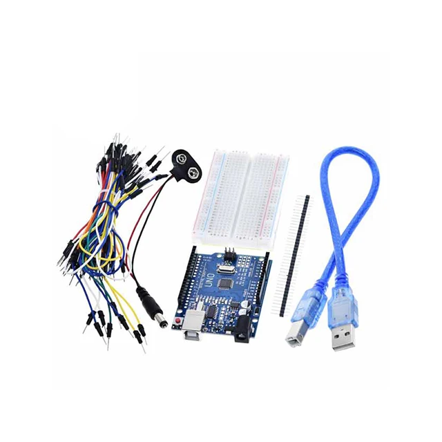 

A18-- Starter Kit For Arduino nano Uno R3 - Uno R3 Breadboard Jumper Wires USB Cable and 9V Battery Connector