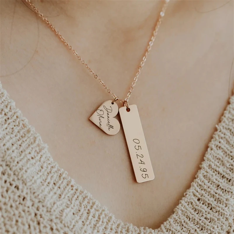 

Personalized Engraving Heart Square Bar Custom Necklace Jewelry for Women Customize Name Words Keepsake Valentine's Day Gift