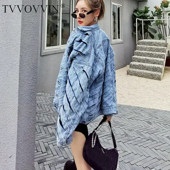 

TVVOVVIN turn-down Autumn and winter collar full sleeves striped bling patchwork single breasted wide denim jacket 9G2J