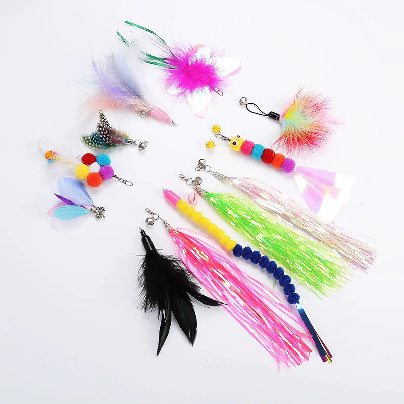 Pet Cat Toy Teaser Bell Feather Stretch Fishing Rod Play Wand Interactive Toys Pets Accessories High Qulity Replacement Heads