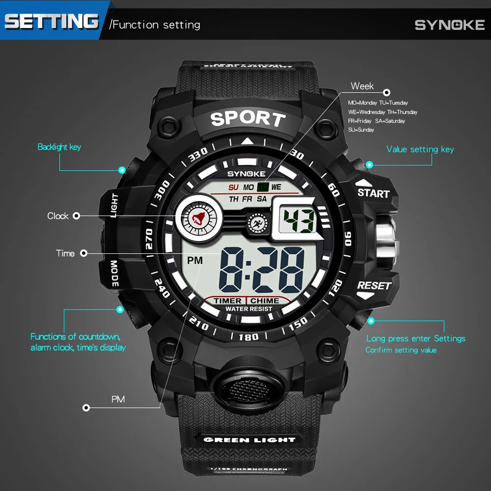 Men's Sports Electronic Watch Multi-Function Outdoor Large Screen Sport Watch Electronic Quartz Wristwatches Waterproof Watch