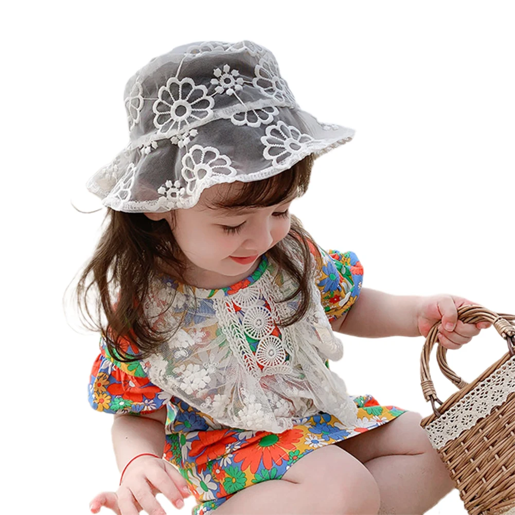 

Toddler Girls Bucket Cap Summer Floral Hats Holow Out Wide Brim Lace Floral Sun Hat for Children Caps