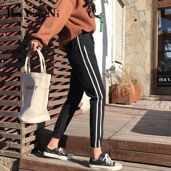 

Beiyingni 2020 High Waist Jeans Female All-match Black Stripe Casual Kpop Preppy Boyfriend Jeans for Women Drawstring Denim Pant