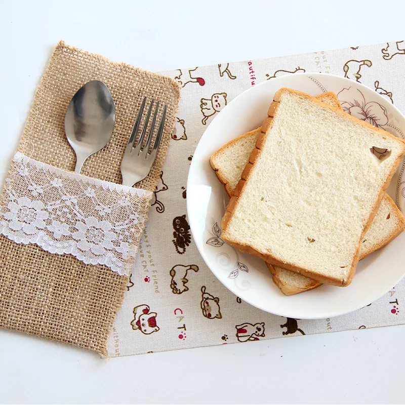 10Pcs Tableware Packaging Fork & Knife Holder Vintage Jute Burlap Lace Pockets Chic Tableware Pouch for Wedding Party Decoration (5)