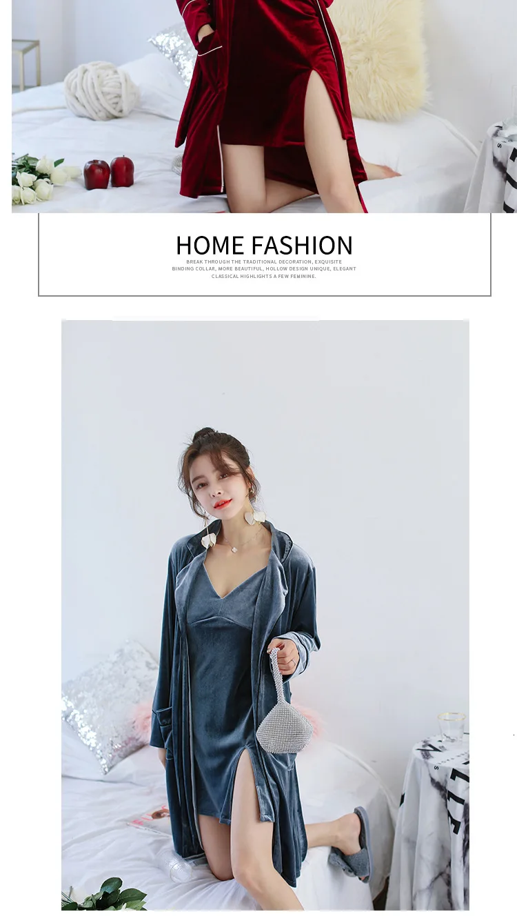 Winter New Gold Velvet Keep Warm Women Robe Set With Belt Cardigan Spaghetti Strap Twinset Sleepwear