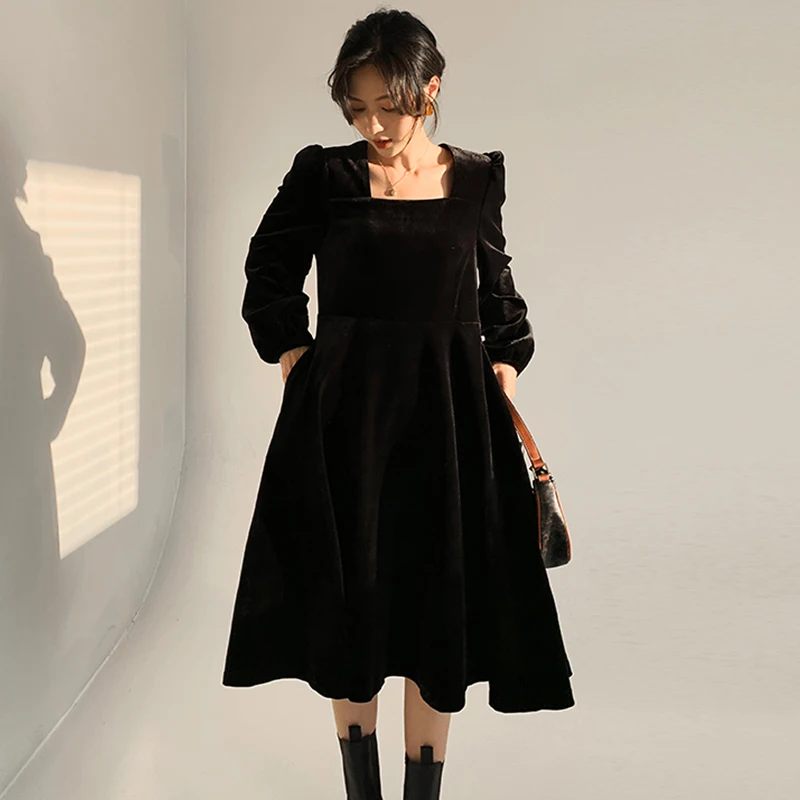 

Velvet Dress Women Eegant Spring Autumn Winter 2020 Solid Black Long Sleeve Party Dresses Femme Office Vintage Vestido Robe New