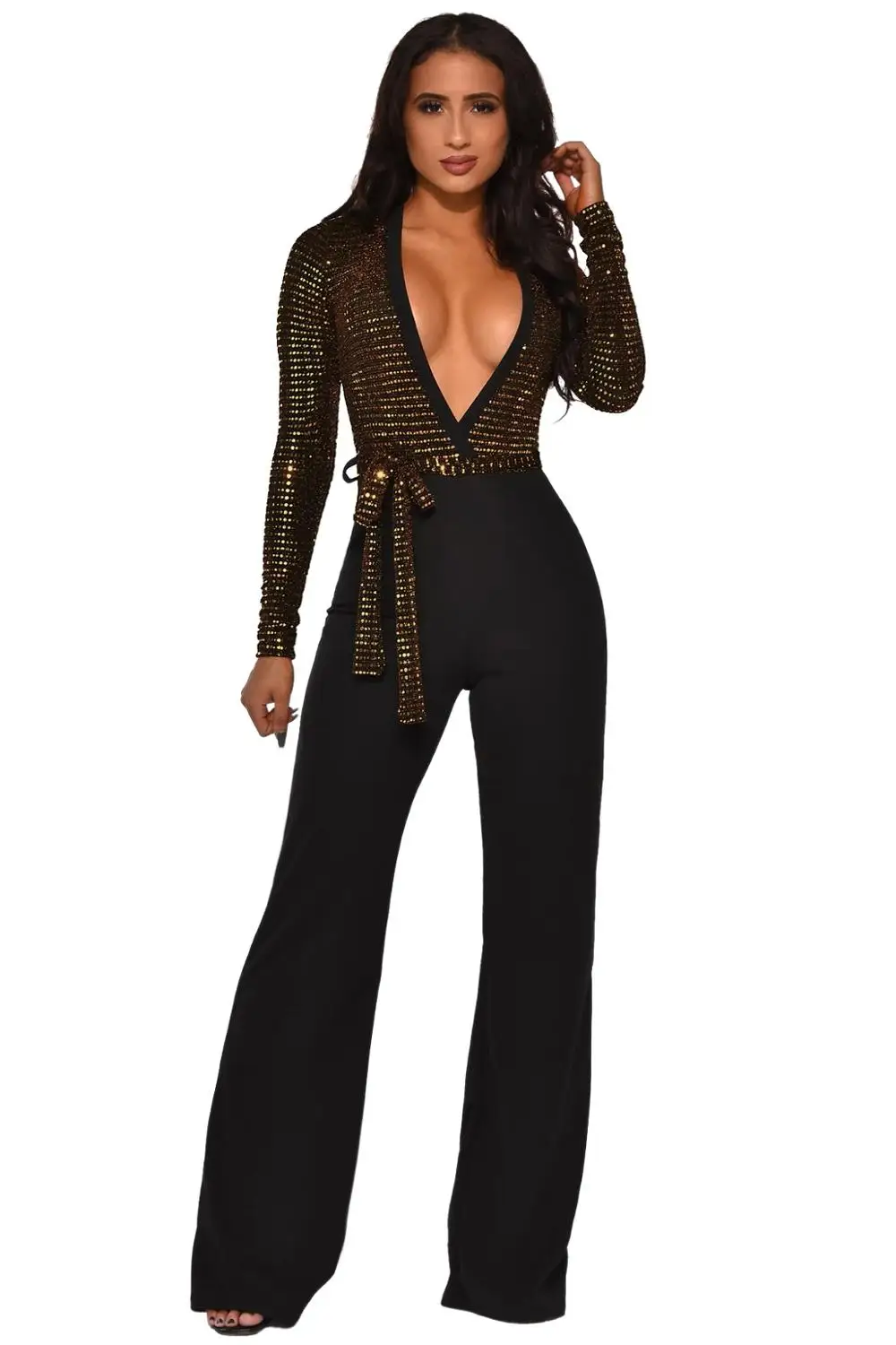 Adogirl сексуальный лоскутный комбинезон с блестками женский элегантный V образным вырезом Блестящий бандаж Широкие штаны комбинезон Винтажный кружевной клубный комбинезон
