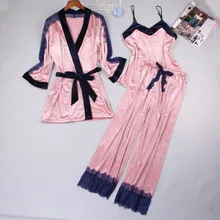 Осеннее платье-кимоно с длинным рукавом, женская ночная одежда, кружевная сексуальная пижама, бархатная теплая Домашняя одежда, 3 шт., халат, костюм, домашняя одежда