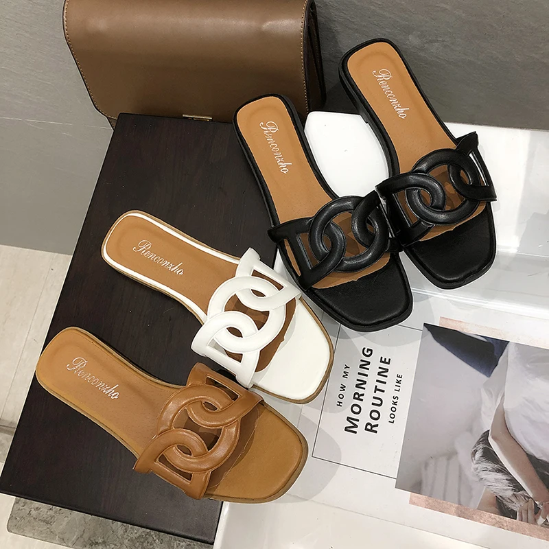 

Black Women Shoes Leather Slides Home bath slippers Square Lady Casual Slipper Elegant Summer Woman Shoes Designer Flip Flop