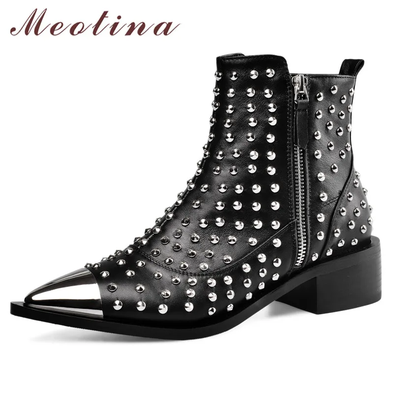 

Meotina Autumn Ankle Boots Women Natural Genuine Leather Zip Thick Heel Short Boots Punk Rivets Pointed Toe Shoes Ladies Size 43