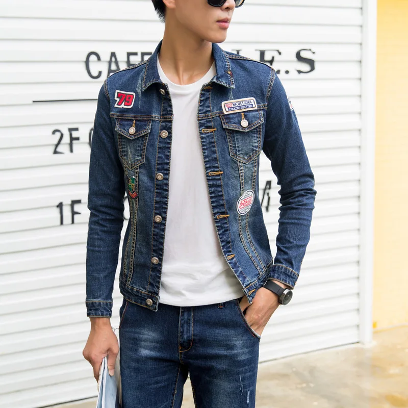 

2018 New Style Short Jeans Coat Men's Korean-style Trend Elasticity Slim Fit Printed Letter Patch Handsome Jacket