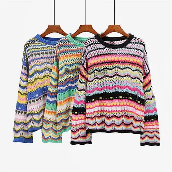 Autumn Rainbow Sweater Women Harajuku Jumper Striped Casual Long Sleeved Pullovers Korean Vintage Knitwear Y2K Sweatshirt 6