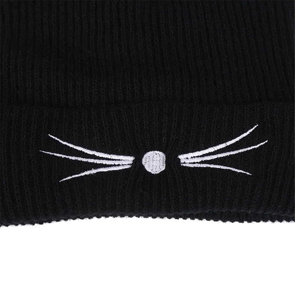 Зимняя шапка теплая плюшевая шляпа с кошачьим помпоном черные Вязаные Лыжные мешковатые вязаные шапки с черепом милые шапочки кавайные шапочки# D
