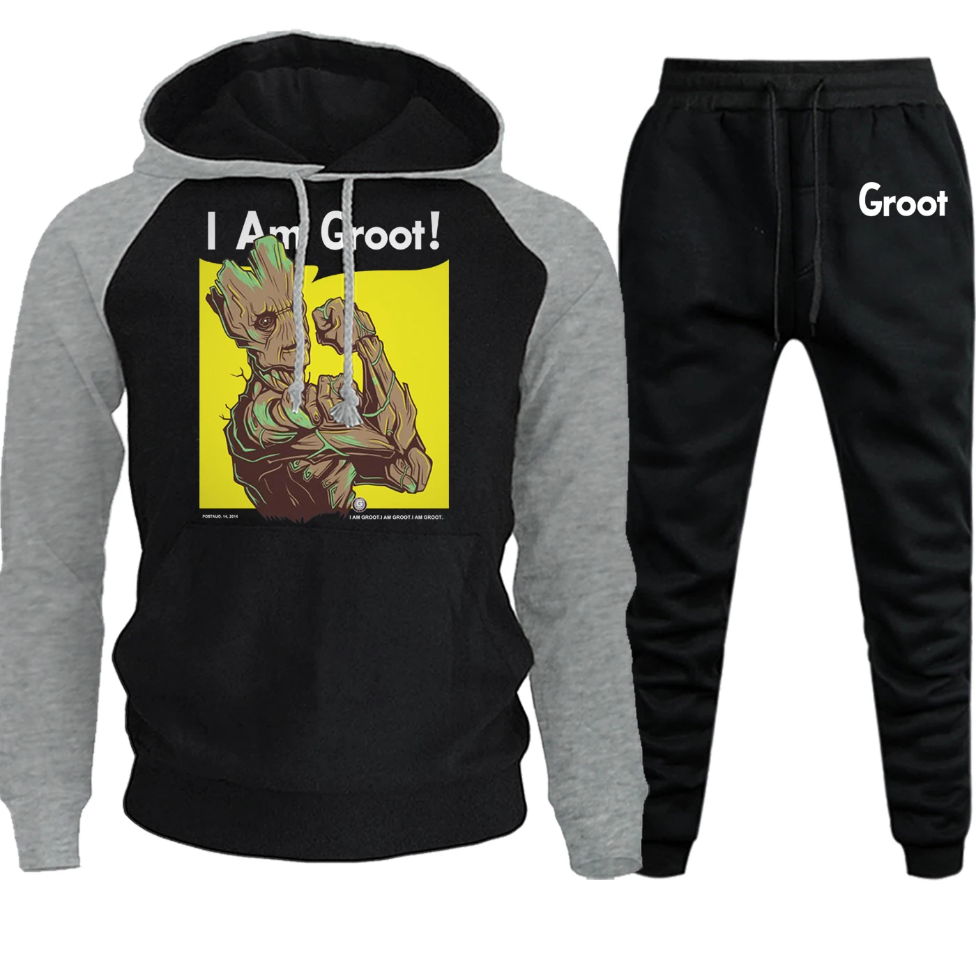 Мужская одежда с капюшоном, реглан, спортивная одежда I AM GROOT, осенне-зимний повседневный костюм, мужской пуловер, флисовая толстовка в стиле хип-хоп+ штаны, комплект из 2 предметов