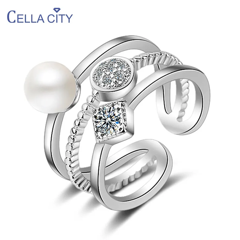Cellacity Geometry Fashion Pearl Ring for Women Opening Silver 925 Jewelry Gemstones Korean Fashion Style Female Ring for Party Cellacity Geometry Fashion Pearl Ring for Women Opening Silver 925 Jewelry Gemstones Korean Fashion Style Female Ring for Party