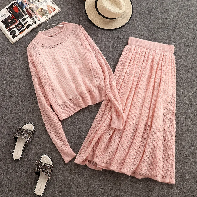 

2019 autumn new fashion round neck long-sleeved knit top + skirt two-piece suit women