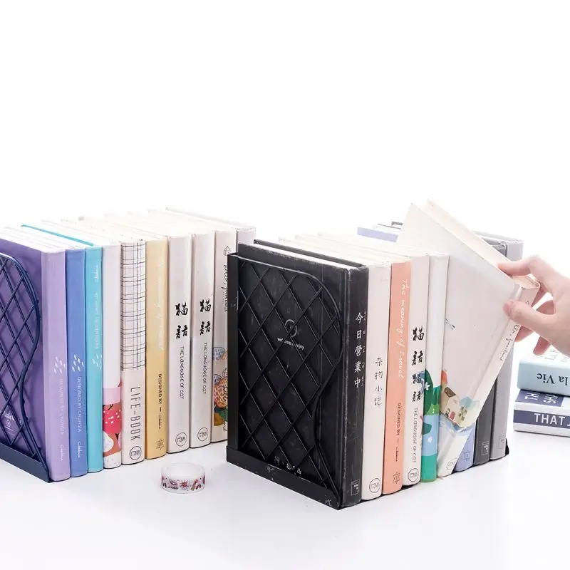 Mesh Grid Metal Retractable Bookends Support Stand Holder Shelf Rack Organizer