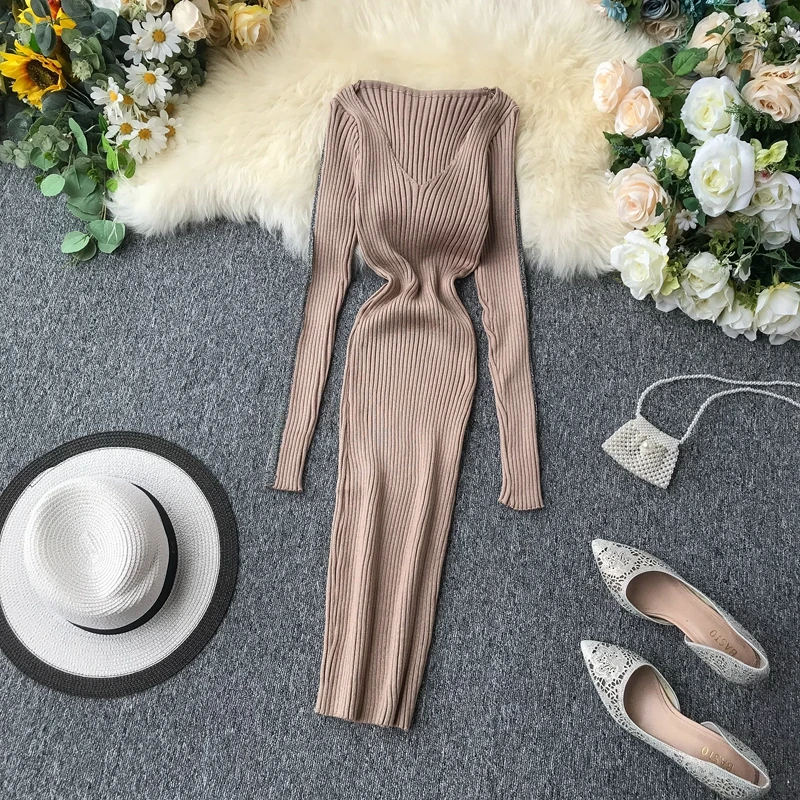 ALPHALMODA женское осеннее сексуальное трикотажное платье в полоску с глубоким v-образным вырезом и длинными рукавами, однотонное эластичное женское платье