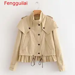 Fengguilai женские 2019 осенние женские модные однобортные талии гофрированные короткие абзацы Свободное пальто воротник
