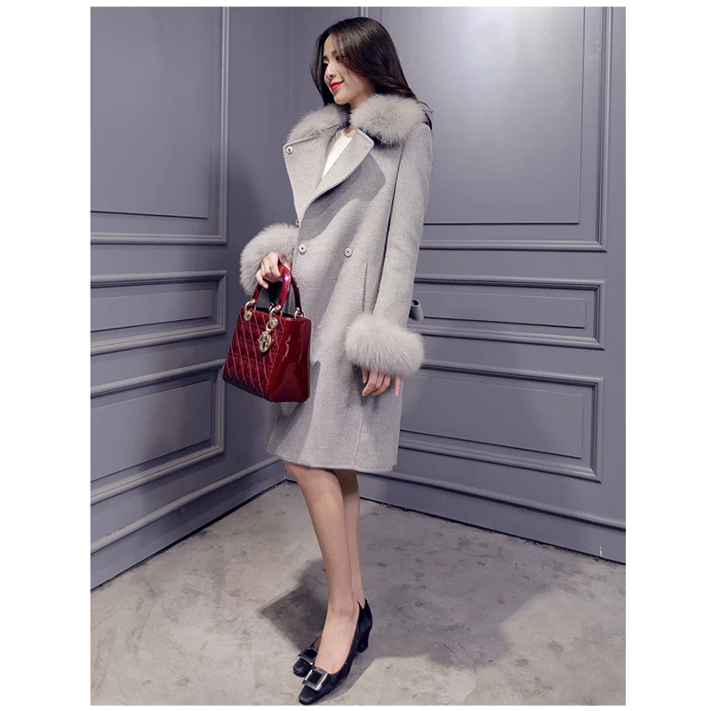 Модное женское длинное шерстяное пальто, зимнее, с меховым воротником, для офиса, леди, с пуговицами, хлопковая верхняя одежда, женские пальто, Женское пальто, женская одежда - Цвет: Grey