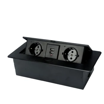 

16A Zinc Alloy Plate 16A Slow POP UP 2 Power EU Socket Dual USB Charge Port 2.1A Office Table Desktop Outlet Black Steel Box