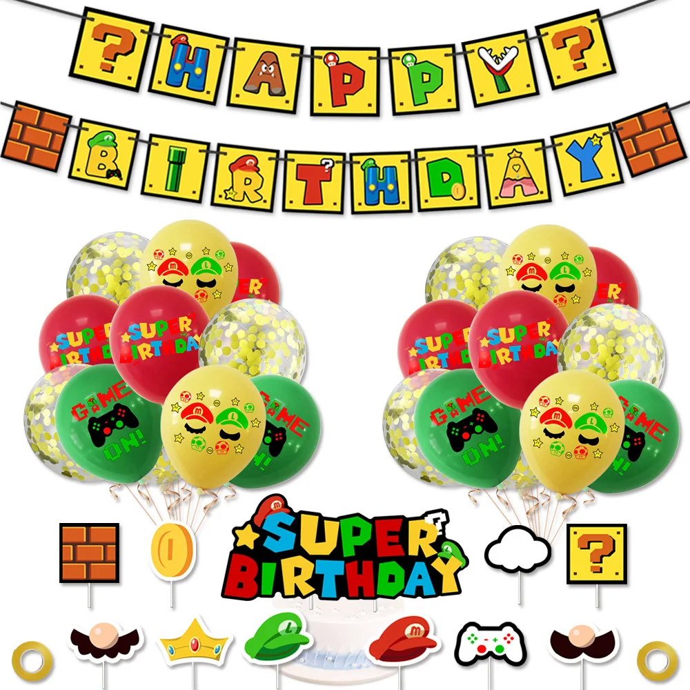 32 1 pçs/set Super Mario Balões Feliz Aniversário Bandeira + 20 Balões De Látex + 11 chapéus de Coco Do Bolo Para A Festa de Aniversário Balões Decoração Set