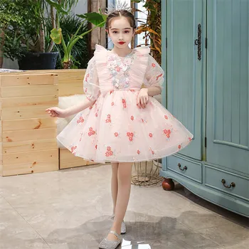 

Baby Kids Korean Sweet Pink Color Birthday Wedding Party Princess Mesh Dress Little Girls Children Host Piano Costumes Dress
