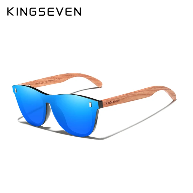 KINGSEVEN Brand Natural Bubinga Wooden Temple Polarized Rimless Sunglasses Men Women UV400 Handmade Eyewear Oculos de sol Blue Bubinga Wood