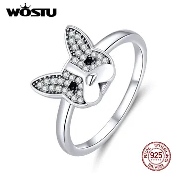 

WOSTU 100% Real 925 Sterling Silver French Bulldog Rings For Women Clear Zircon Party Dog Ring Finger Fashion Jewelry BKR595