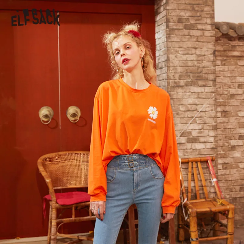 ELFSACK/черные однотонные корейские женские футболки с цветочным принтом и