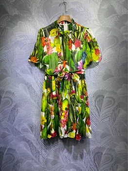 

100% silk 2020 runway women summer printed mini dresses ruched ruffles collar belt short sleeve chic dress Y778