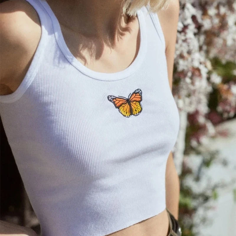 

Women's Butterfly Embroidery Camisole White Sleeveless Crop Tops Vest Summer Hot Sale Solid Basic Tees Casual Ladies Tank Tops