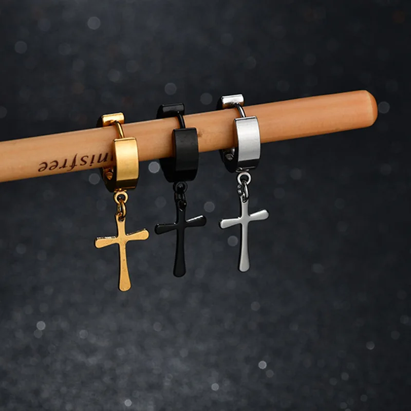 1 PCS Punk Stainless Steel Drop Earrings With Cross Pendant Small Huggies Dangle Earring Tiny Cool Ear Accessory For Youth | Украшения и