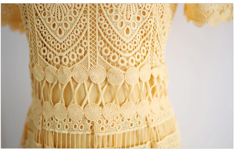 Высокое качество желтое кружевное платье Летняя женская футболка с короткими рукавами с О-образным вырезом полые крючком тонкий для вечеринки с танцами длинное платье