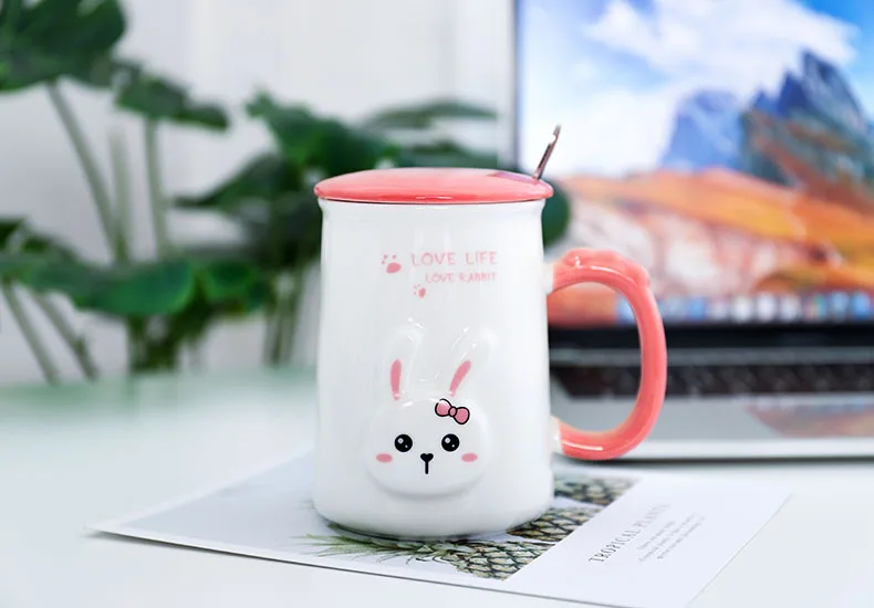 Korean style creative Korean cartoon bunny ceramic cup with lid with spoon student cup office mug children's room decoration