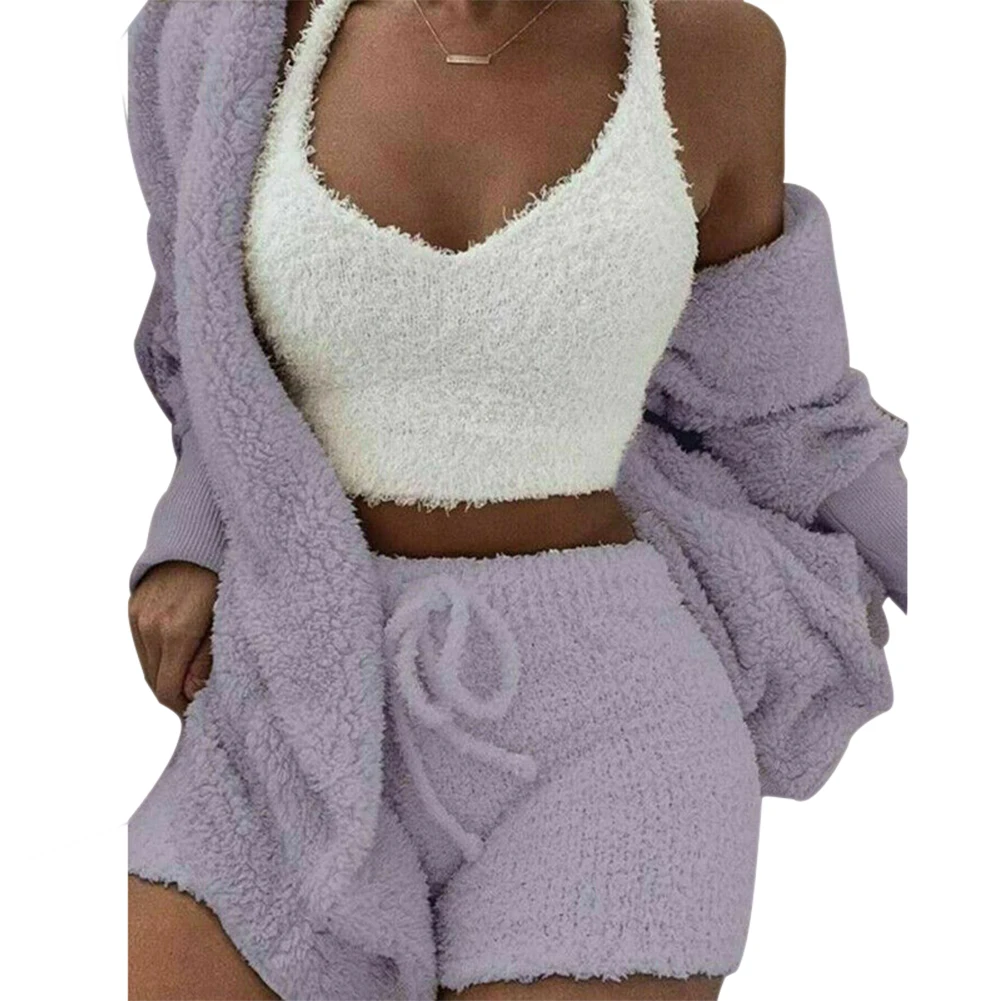 Purple Пушистое пальто с капюшоном и длинными рукавами с открытой передней частью, комплект с шортами и жилетом для женщин, Зимняя распродажа QL - Цвет: Purple