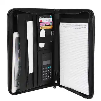 

A4 Conference Folder PU Leather Portfolio Zipper Document Organizer with Calculator Memo Pad Business Office School Black