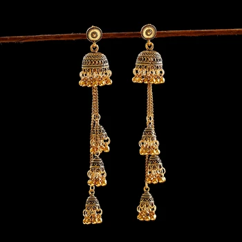 

2020 Women's Jhumka Long Chain Tassel Dangle Hanging Earrings Femmes Tibetan Jewelry Ethnic Bollywood Bell Indian Earring bijoux