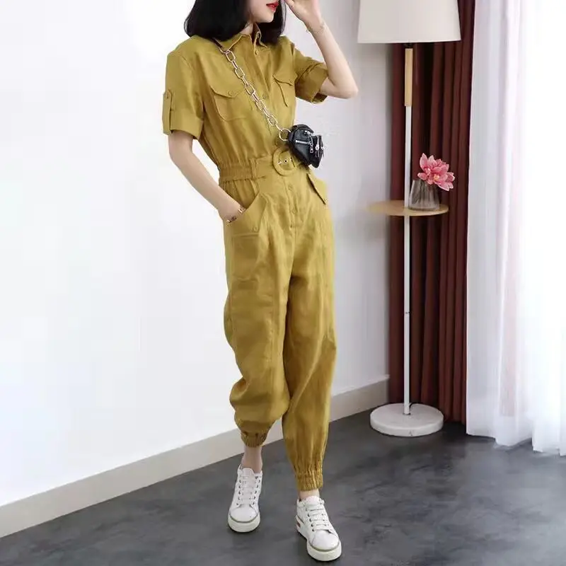 

Women Casual solid color Jumpsuit 2020 Summer Deep V Neck Button Shirt Overalls Short Sleeve Office Lady One Piece Romper Belt