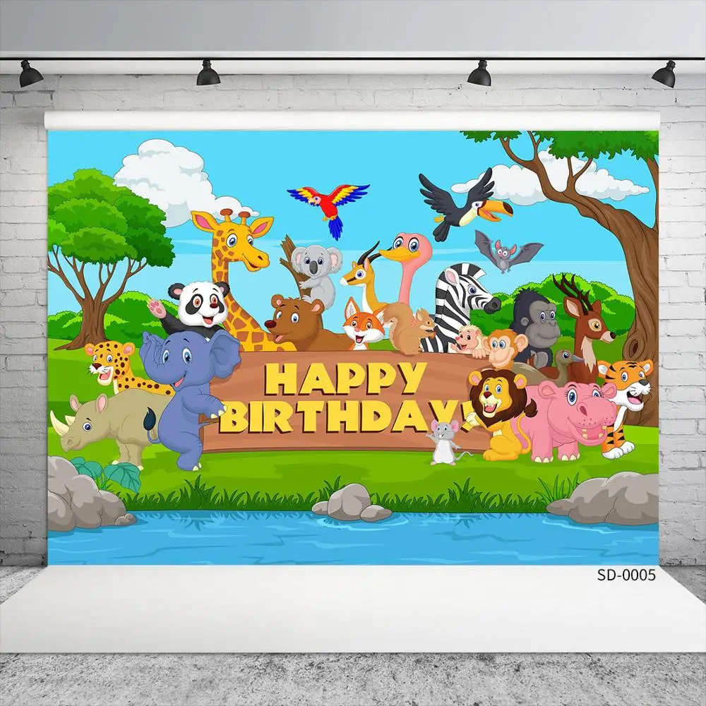 New Birthday Party Backdrop Jungle Safari Vinyl Photography Background Wild Animals Cake Table Banner Children Photoshoot Props 5x3ft