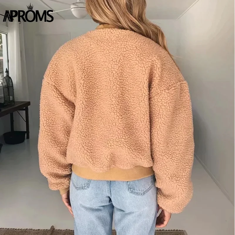 Aproms Сплошной цвет из искусственного меха базовая куртка мягкая женская тедди теплое пальто зимние короткие куртки