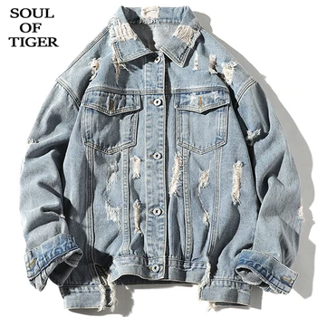 

SOUL OF TIGER Fashion Korean Designs Boy Autumn Denim Coats Men Printed Loose Pocket Jackets Vintage Patchwork Clothes Plus Size