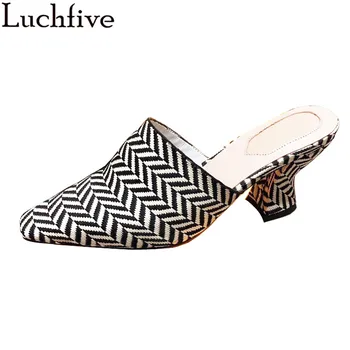 

Square Wrap toe Kitten Heel Slippers Woman Black White Mixed color Woven design Summer Mules ladies Sexy Party Shoes Women Mujer