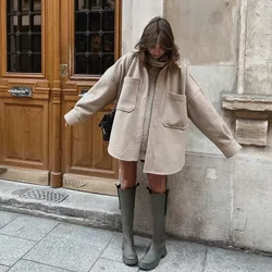Fakuntn casual mulher camelo solto bolso camisa de lã moda senhoras outono manga longa grossa blusa casaco feminino longo outwear